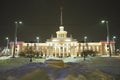 Petrozavodsk, Karelia, Russia, 01.14.24: night winter lighting of facade of Petrozavodsk railway station. Old classic