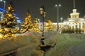 Petrozavodsk, Karelia, Russia, 01.14.24: night winter lighting of facade of Petrozavodsk railway station. Old classic