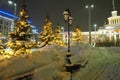 Petrozavodsk, Karelia, Russia, 01.14.24: night winter lighting of facade of Petrozavodsk railway station. Old classic