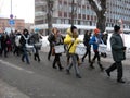 Petrozavodsk, Republic of Karelia / Russia - November 9, 2019: festive demonstration in the streets on a cold winter day. Adults