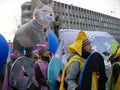 Petrozavodsk, Republic of Karelia / Russia - November 9, 2019: festive demonstration in the streets on a cold winter day. Adults