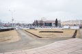 Petrozavodsk, Russia, April 19, 2024: Kirov Square. Facade of the National Theater of Karelia and Puppet Theater. Public