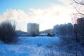 Petrozavodsk, Russia, 01.03.24: Klyuchevaya district, Neubrandenburskaya street, New Klyuchi. Winter short polar day