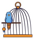Pets accessories. Bird in cage. Domestic animal. Metal wire birdcage with perch. Parrot or canary care. Isolated Royalty Free Stock Photo