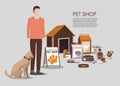 Pets accessoriespet shop with man and dog. Pet shop.