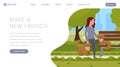 Pets adoption vector landing page template. Cartoon girl, female volunteer taking care of cute cats, kittens in park