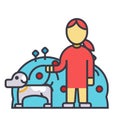 Pets care, dog with woman, animal help flat line illustration, concept vector isolated icon Royalty Free Stock Photo
