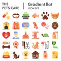 Pets care flat icon set, vet symbols collection, vector sketches, logo illustrations, animal signs color gradient