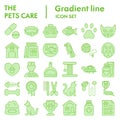 Pets care flat icon set, vet symbols collection, vector sketches, logo illustrations, animal signs green gradient