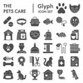 Pets care glyph icon set, vet symbols collection, vector sketches, logo illustrations, animal signs solid pictograms