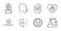 Pets care, Nurse and Chemistry lab icons set. Cough, Organic product and Face detect signs. Vector