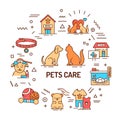 Pets care web banner. Services for domestic animals. Infographics with linear icons on white background. Creative idea concept. Royalty Free Stock Photo