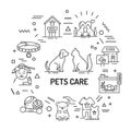 Pets care web banner. Services for domestic animals. Infographics with linear icons on white background. Creative idea concept. Royalty Free Stock Photo
