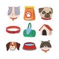 pets, cat dog collar water house food and bags icon set flat style