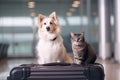 Pets cat and dog with a suitcase at the airport, traveling with animals. Generative AI