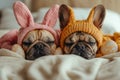 Pets dressed in Easter costumes, playful and humorous, pet theme. Royalty Free Stock Photo