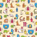 Pets flat illustration semless pattern concept. Wildlife and home zoo animals vector design icons. Royalty Free Stock Photo