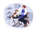 Pets groomer cutting, trimming canine claws at dogs beauty salon. Cute puppy during professional grooming service, and