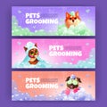 Pets grooming cartoon banners with dogs and cat