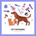 Pets grooming and coat cutting service emblem flat vector illustration isolated.