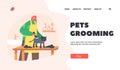 Pets Grooming Landing Page Template. Hairdresser Female Character Trimming Cat at Groomer Salon. Pet Hair Styling