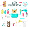 Pets grooming set, vector flat isolated illustration Royalty Free Stock Photo