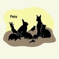 Pets group - Dog, cat, rabbit, rat, guinea pig, parrot, turtle, snail and canary. set of silhouettes Royalty Free Stock Photo