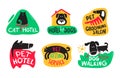 Pets Hotel, Cats and Dogs Grooming, Sitting and Walking Service Icons or Banners Set. Hospitality for Domestic Animals