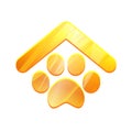 Pets house gold logo isolated on white background. Symbol of animal hotel vector icon. Paw sign under roof. Zoo market