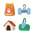 pets icon set, food bone collar house and bags flat style