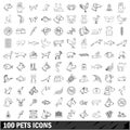 100 pets icons set, outline style Royalty Free Stock Photo