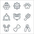 Pets line icons. linear set. quality vector line set such as nail clipper, bone, rabbit, pet brush, cat, hanger, pawprint, ball