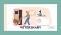 Pets Medicine Landing Page Template. Man with Dog Visiting Veterinary Clinic, Owner Pull Reluctant Diseased Dog to Hall