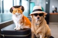 Pets in panama hats with a suitcase, summer travel. Generative AI