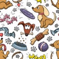 Pets pattern. Dogs background in cartoon style