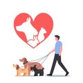 Pets Rescue and Protection Concept. Male Character Walking with Adopted Dogs Team. Leisure, Communication Royalty Free Stock Photo