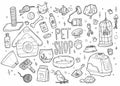 Pets shop doodle set. Collection of hand drawn sketches templates patterns of bird cages dogs food and collars cat litters and Royalty Free Stock Photo