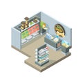 Pets shop interior. Isometric shopping house for domestic pets animals different products on store shelves vector