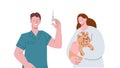 Pets vaccination veterinarian service. Vet clinic, veterinar with syringe and girl holding dog. Flat vector pet