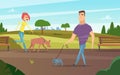 Pets walking. Animals happy owners outdoor in park running or cycling with dogs activity vector background