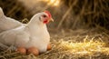 White hen resting on straw with eggs, illuminated by soft sunlight, creating a warm and serene atmosphere in a rustic farm setting Royalty Free Stock Photo