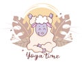 Pets yoga time. A cute lamb is engaged in yoga, sitting in an asana and stretched on a decorative background with tropical leaves