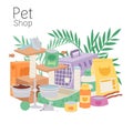 Petshop poster contains cage for cats and dogs, toys, pets food, bowls and home plant leaves vector illustrations.