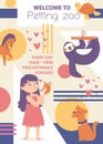 Petting zoo poster. Girl playing with animals. Happy animals dog sloth, horse mouse, turtle. Lovely and friendly