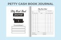 Petty cash book template KDP interior. Cash in and cash out tracker logbook and balance checker notebook template. Business