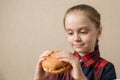 Petty Little Girl eating burger, following fastfood - Image