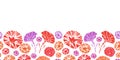 Petunia Garden Abstract Border-Flowers in Bloom seamless repeat pattern in purple ,orange,red ,maroon