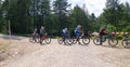 Petzen,Austria - June 30 - Enduro mountainbike racers wait before start of stage 3 of Enduro World Series EWS #4 Petzen/Jamnica Royalty Free Stock Photo