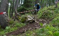 Petzen,Austria - June 30 - Unidentified enduro mountainbike racer goes down on a stage 3 of Enduro World Series EWS #4 Petzen/Ja