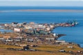 Pevek is the northernmost city in Russia. Summer view of the town, power plant and sea port.